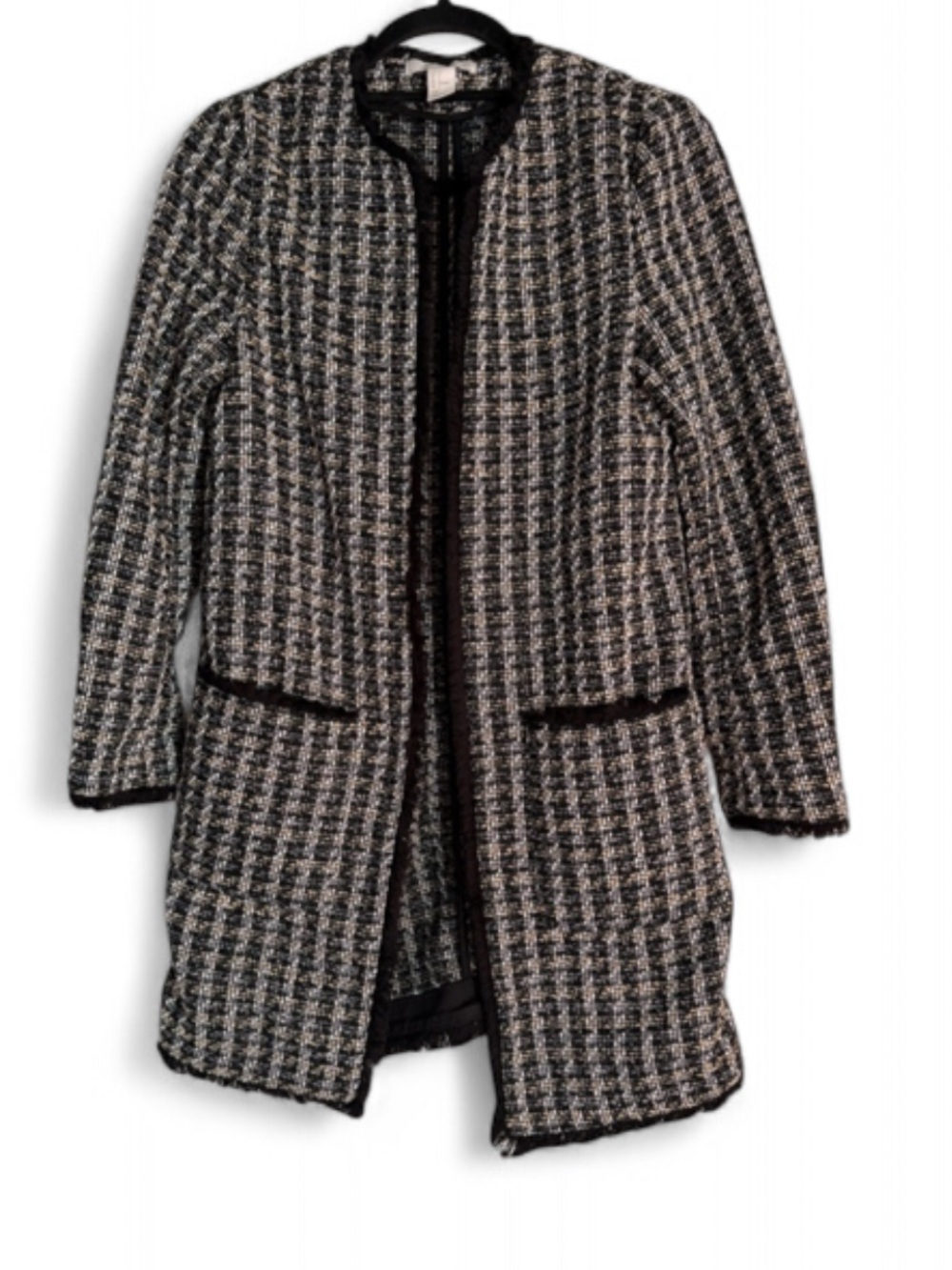 H&M Black & White Houndstooth Collarless Pea Coat